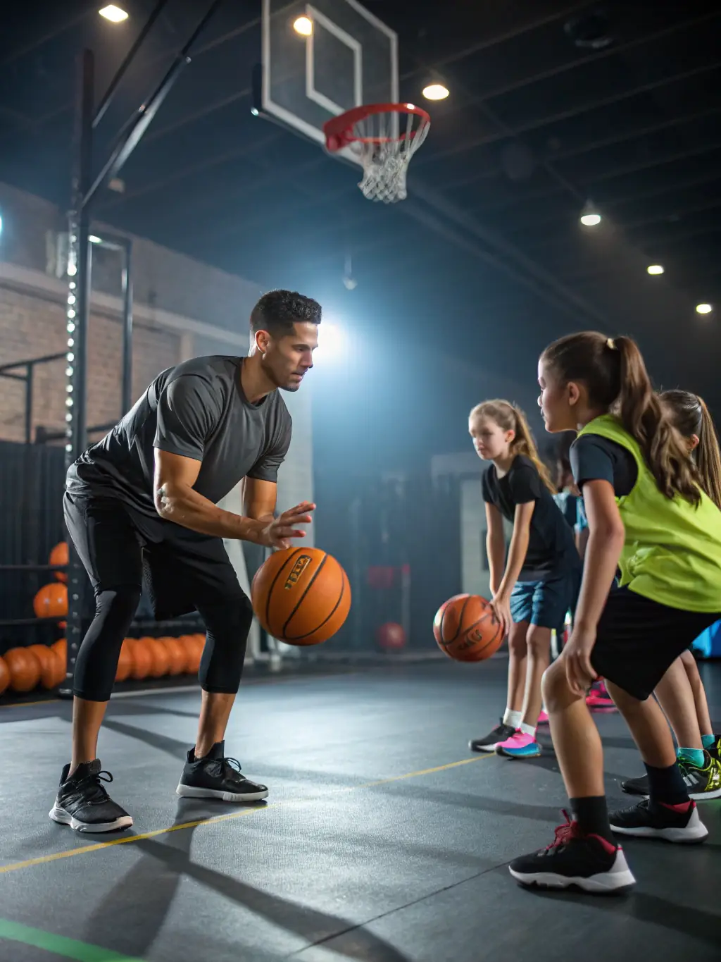 A coach demonstrating basketball techniques to a group of attentive players during a training clinic.