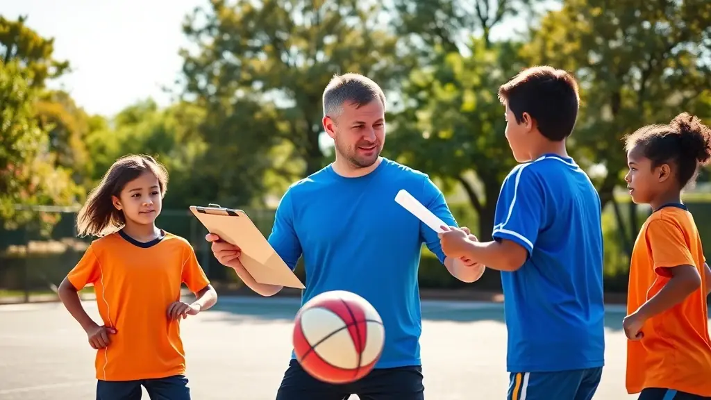 A group of young basketball players training with a coach on an outdoor court.
