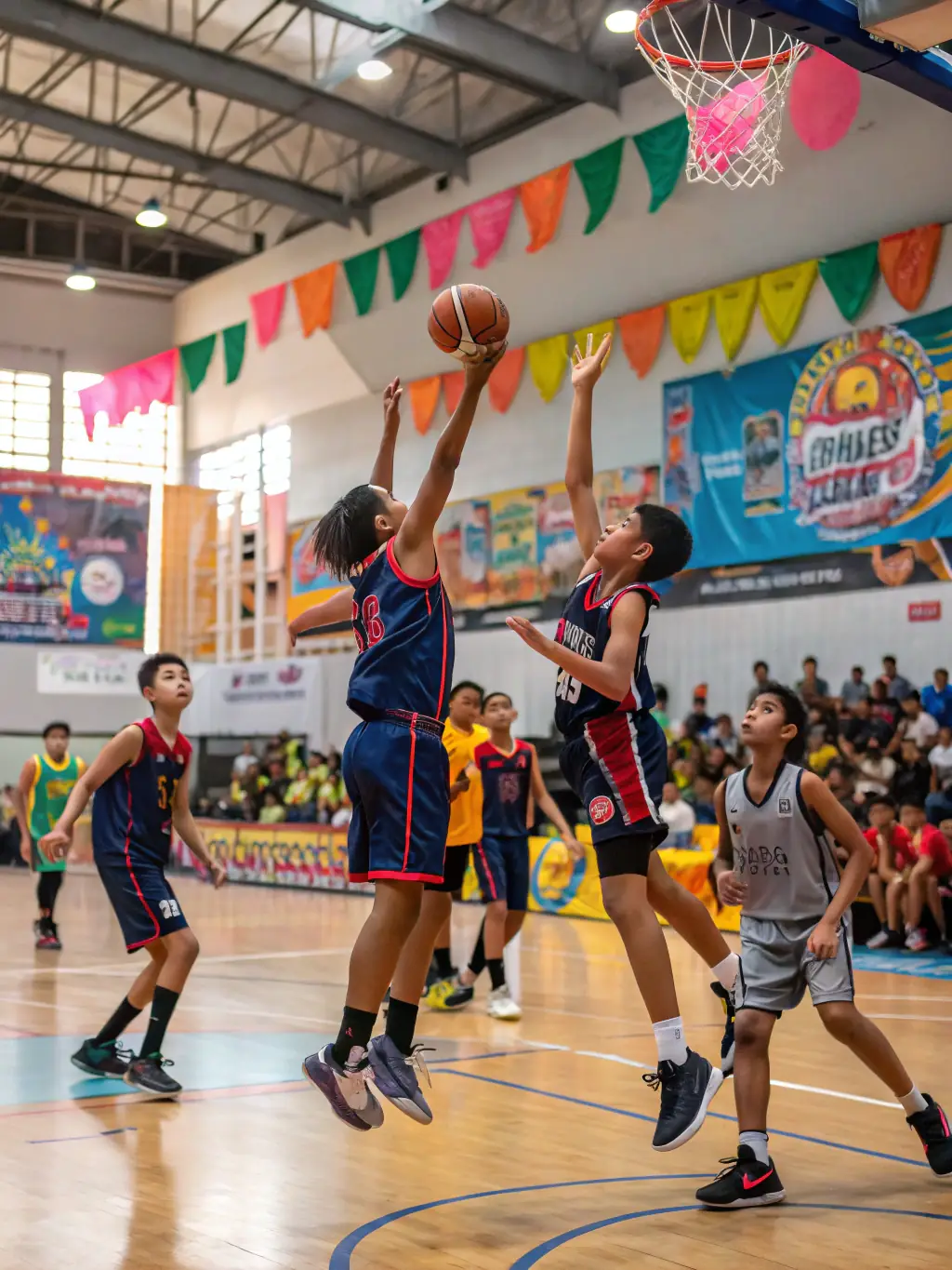 A vibrant image of young basketball players participating in a regional tournament, showcasing teamwork and sportsmanship.