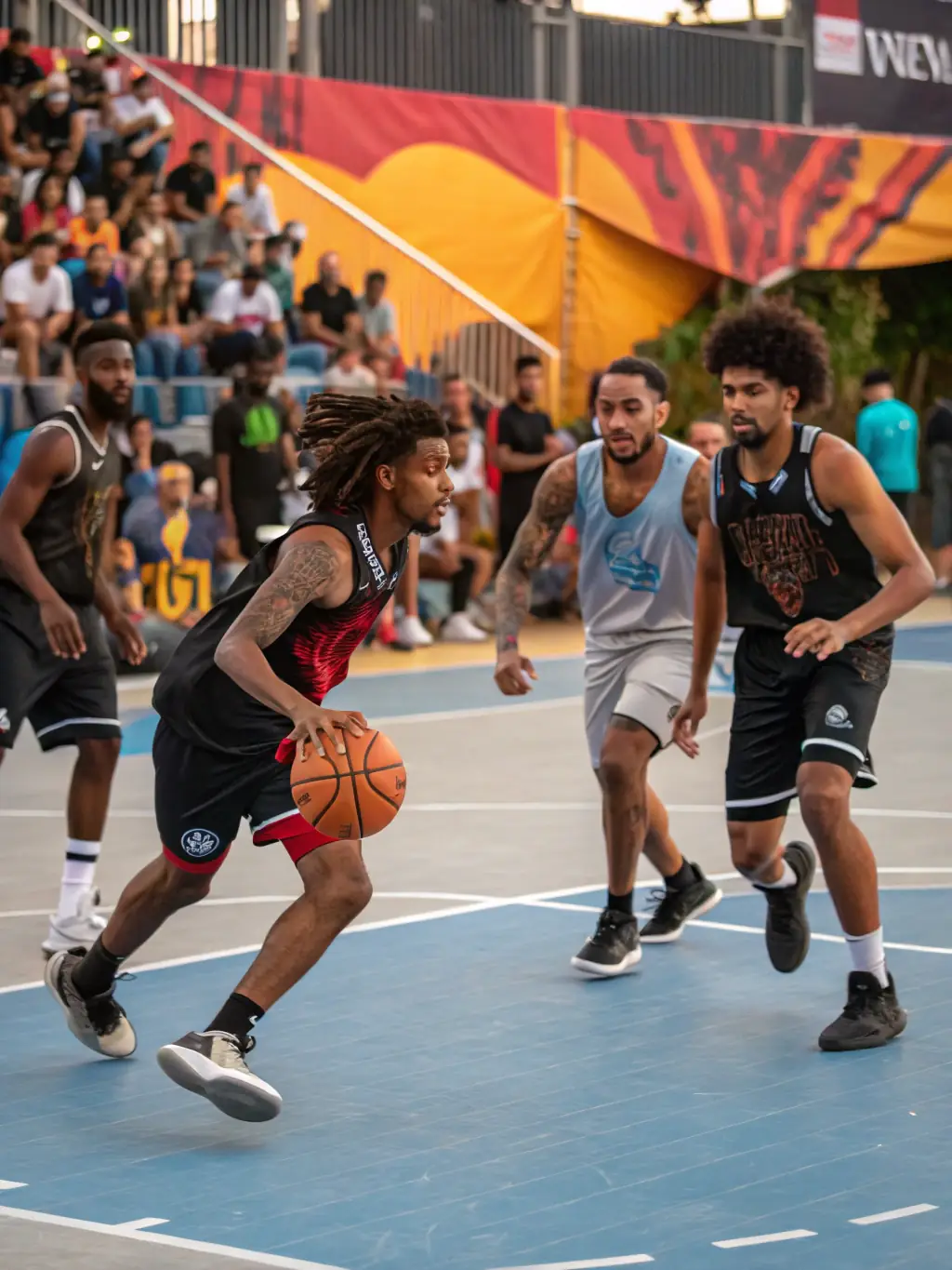 An action shot of players competing fiercely during a regional basketball championship game.