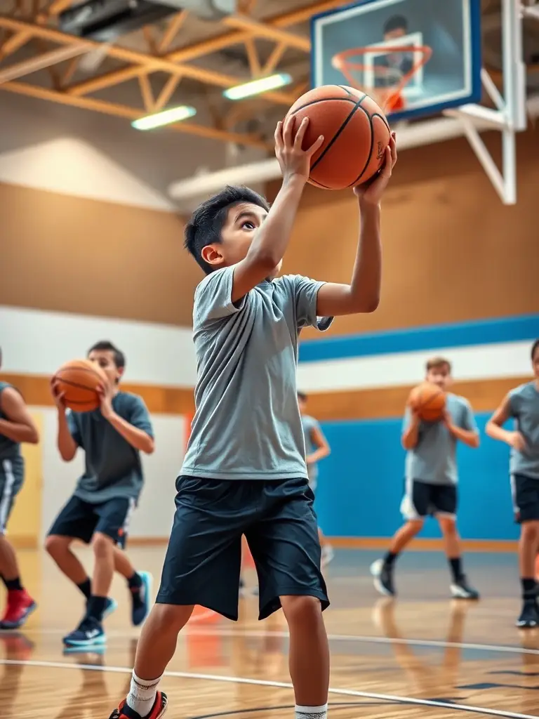 A diverse group of participants engaged in a basketball workshop, learning about the fundamentals of the sport.